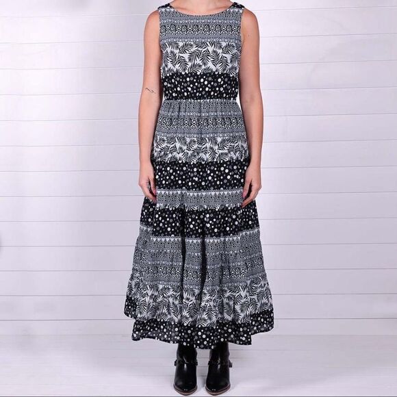 NWT Kaktus 100% Cotton Black and white print maxi dress short sleeves size large - Picture 1 of 9